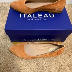 Brand New Italeau Tan Suede Flats. Size 38; US 7.5